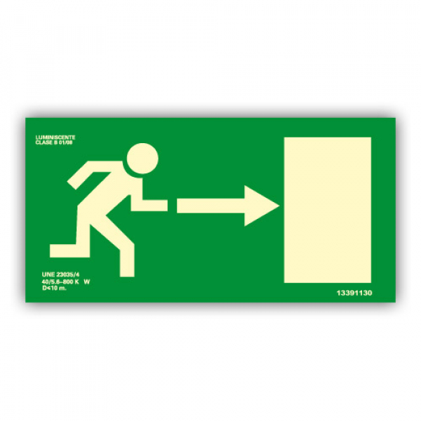 SEÑAL 320 x 160 SALIDA FLECHA PUERTA DERECHA A4 EV-069  PVC CLASE B FOTOLUM.